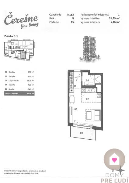 Predaj 1i bytu v novostavbe Čerešne s balkónom, klimatizáciou a výhľadom_pôdorys
